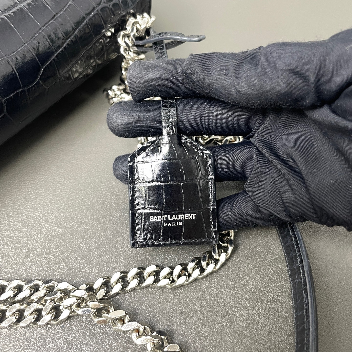 Authentic Saint Laurent Sunset Crocodile Embossed Leather Crossbody Black eBay