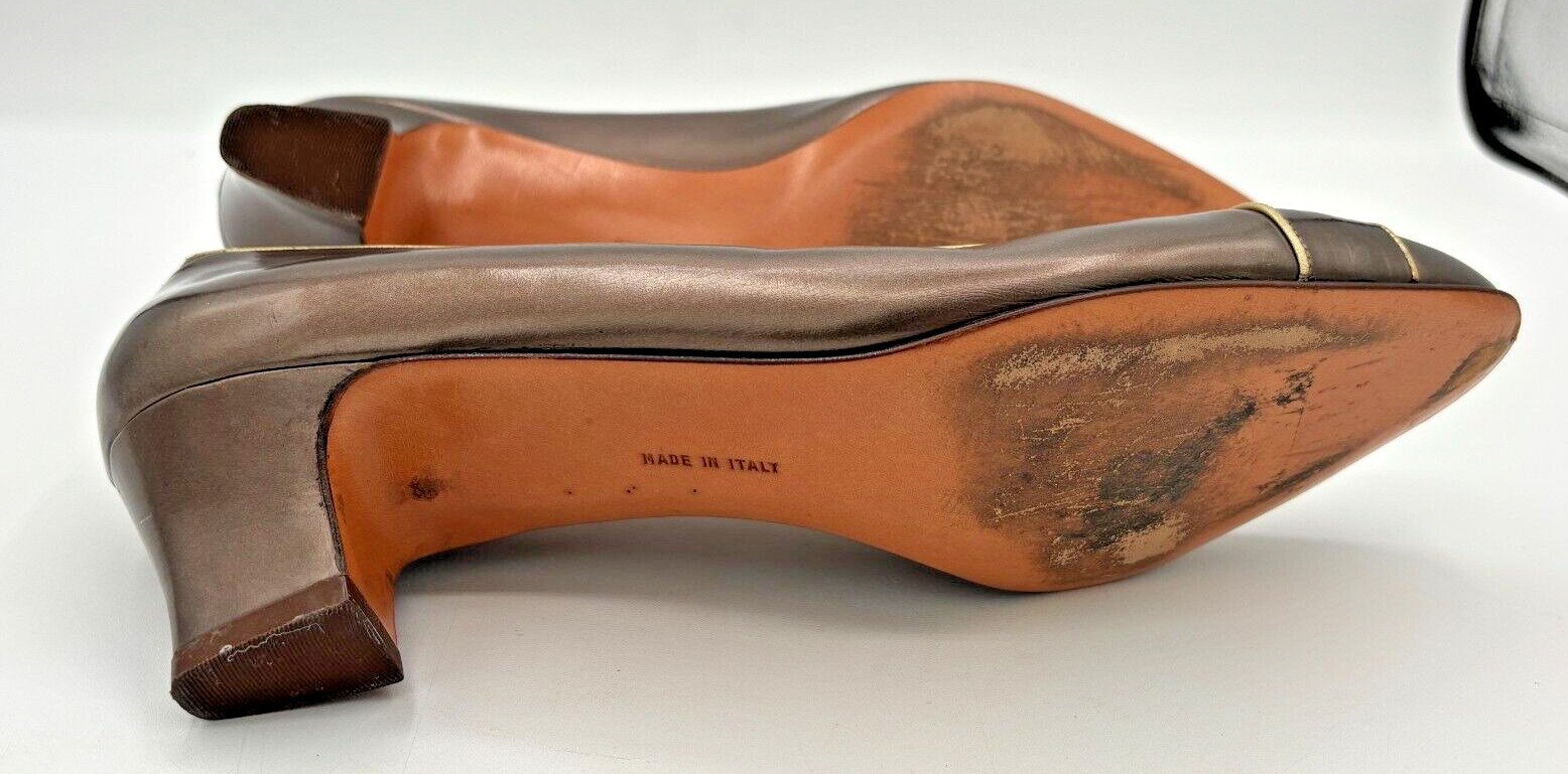 Salvatore Ferragamo Women’s Leather Pumps Sz 8B Bronze w Gold Trim DD10681 EUC