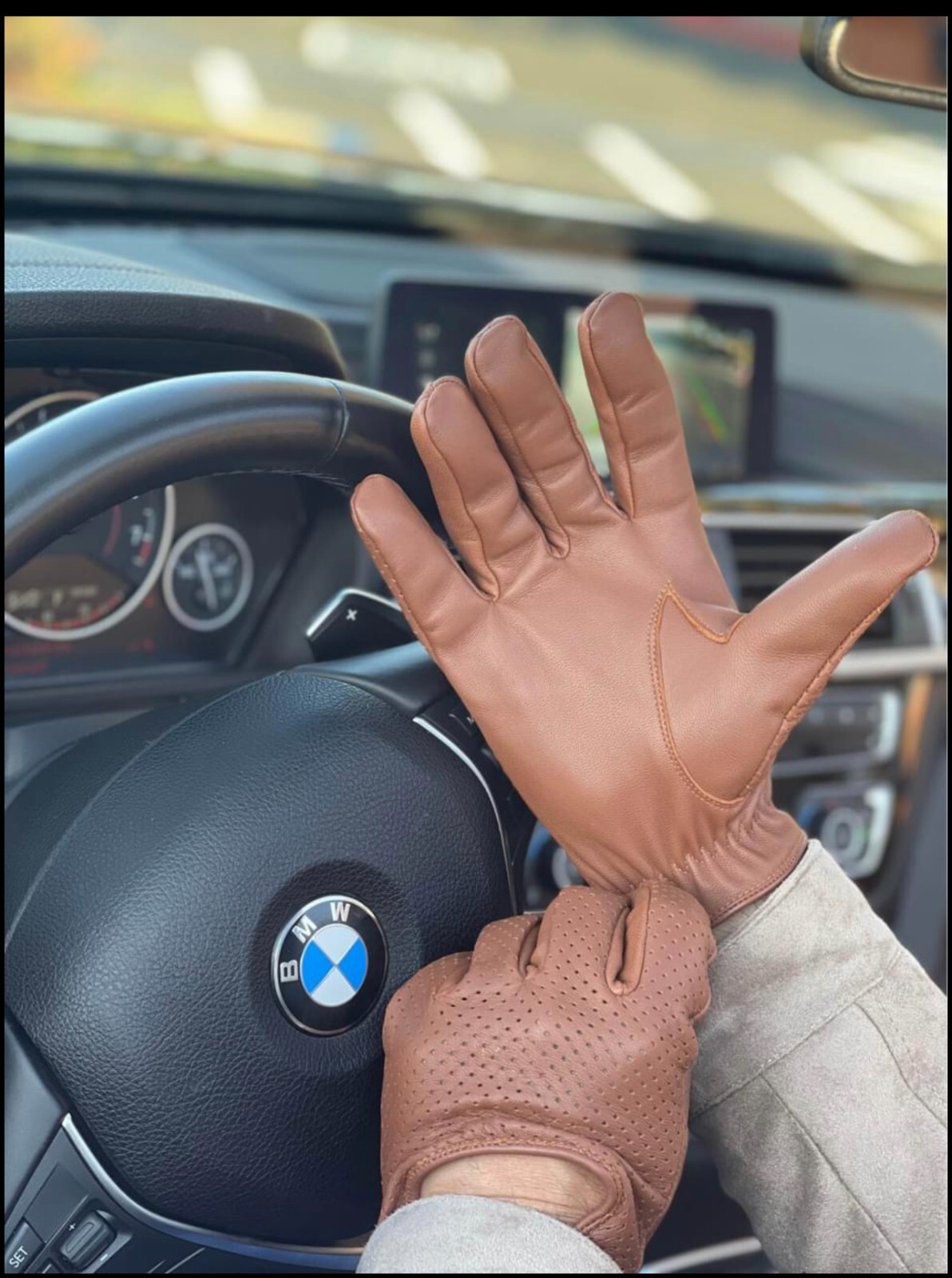 Driving Gloves Car Motorcycle Biker Genuine Leather Police Driver Glove Brown-A4