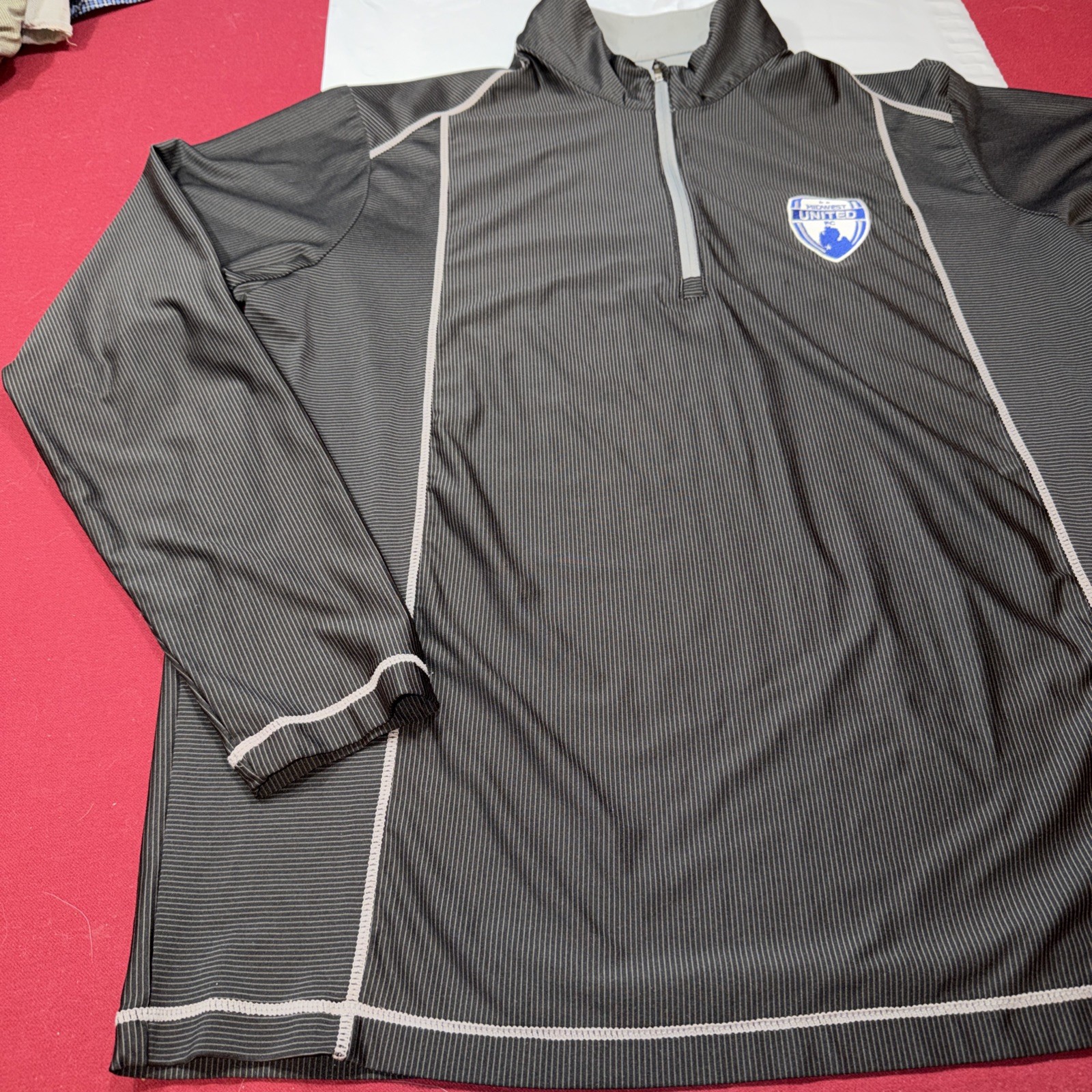 MIDWEST UNITED FC black gray Striped Soccer SHIRT Jacket 1/4 Zip Collar Men’s XL