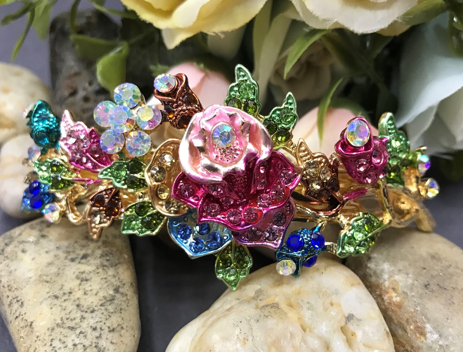 New Gold Tone Flower Rhinestone multi color Hair Clip Barrette ha2#2