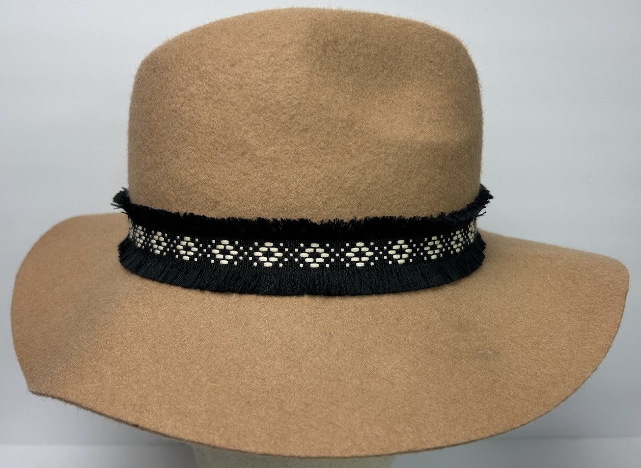 100% Wool Fedora Hat Tan Brown Wide Brim Black Band One Size Boho Western