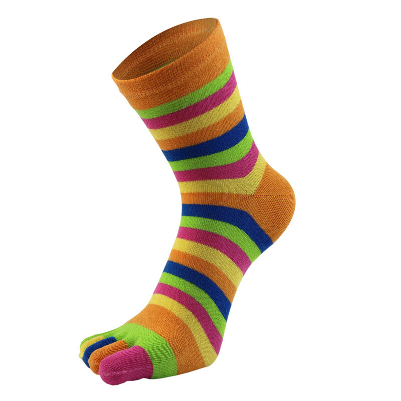5 Pairs Women Five Finger Toe Socks Crew Sport Colors Causal Rainbow Striped 5-9