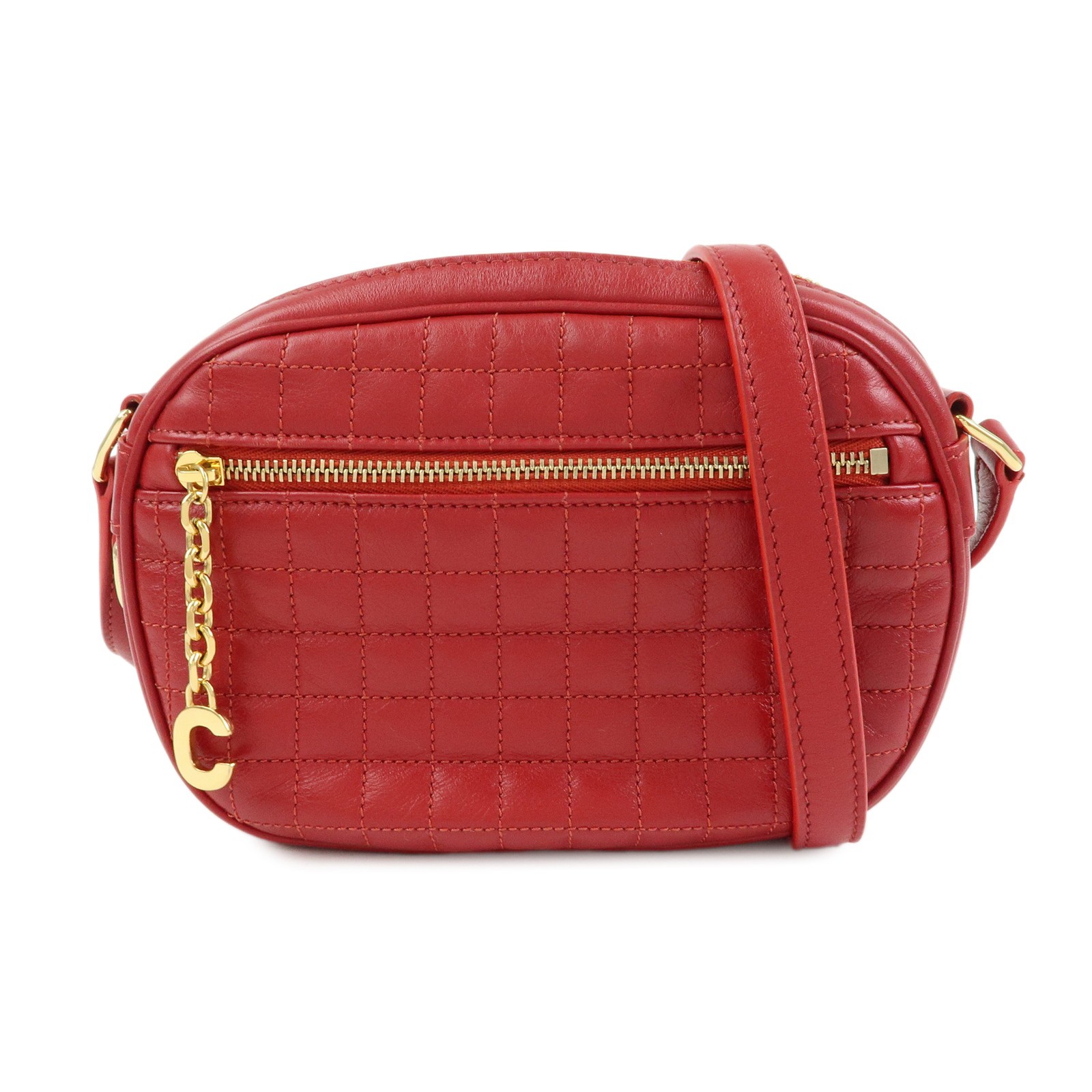 CELINE Leather Shoulder Bag Crossbody Bag C Charm Red Authentic Used F/S