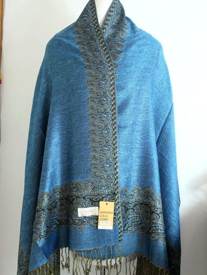 DG Women’s Pashmina Scarf Shawl,Paisley,Black Blue Silk.Cashmere.Soft