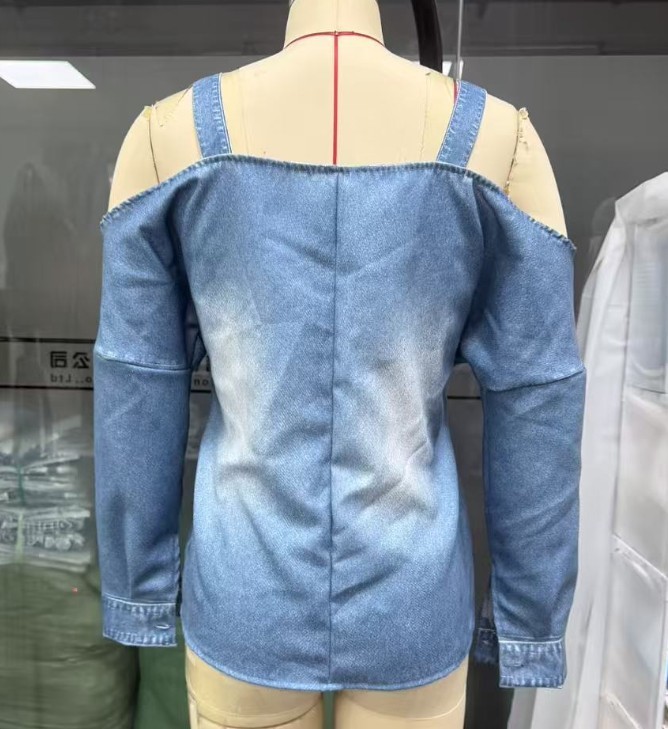 Women Off Shoulder Long Sleeve Top Adjustable Strap Loose Denim Casual Blouse