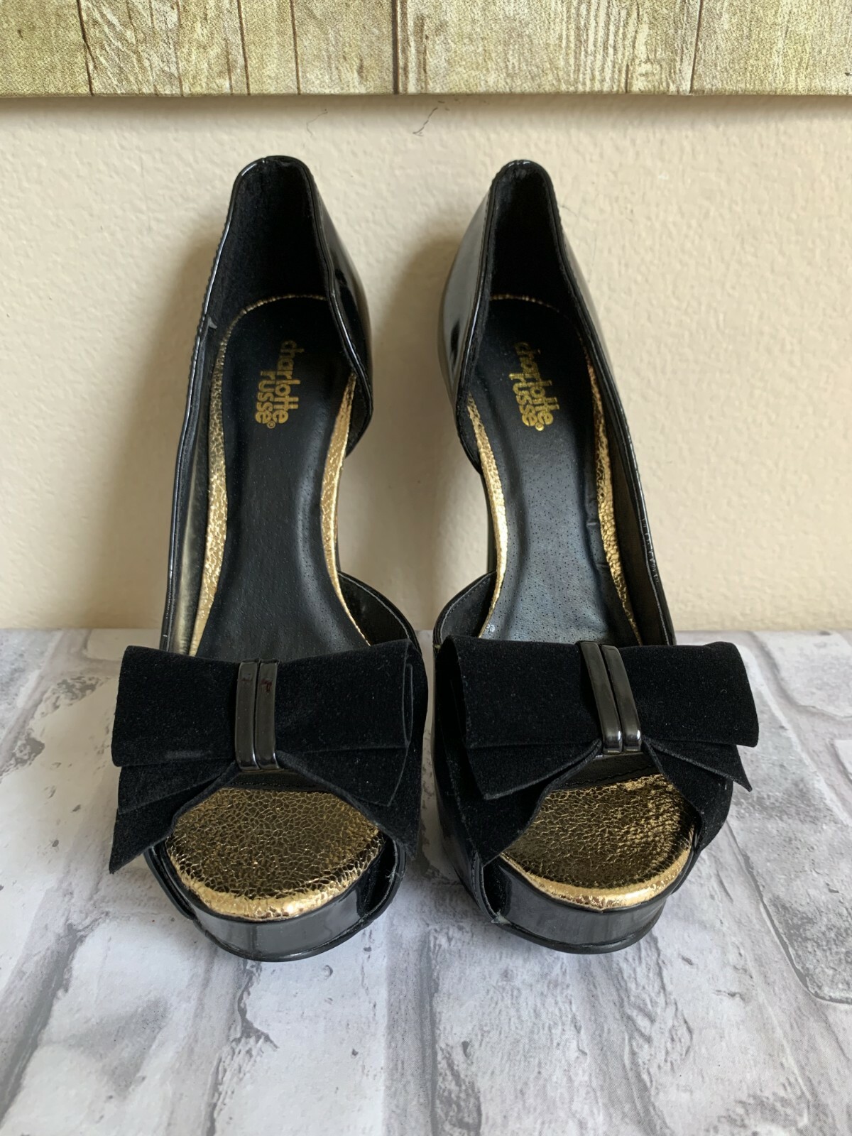 CHARLOTTE RUSSE Women’s Platform High Heels Pump Patent Open Toe Suede Bow