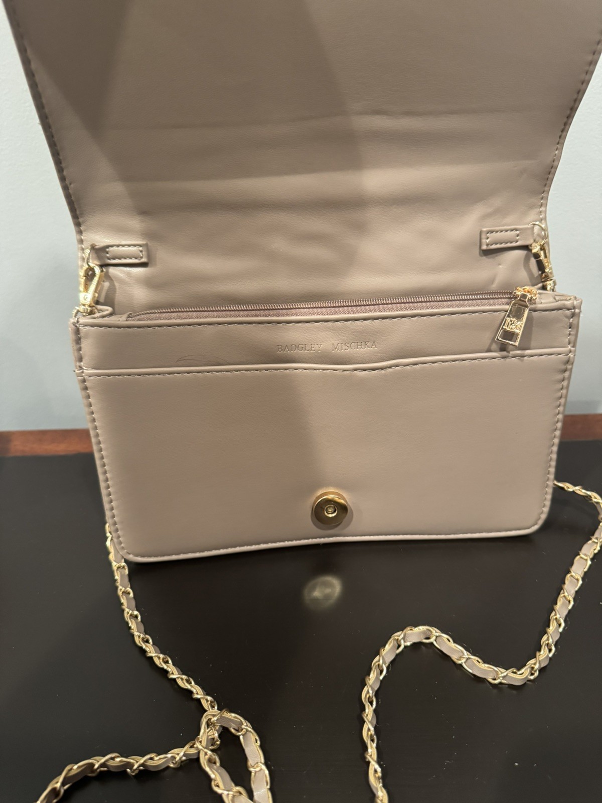 Badgley Mischka Taupe Chevron Quilted Crossbody Bag Chain Strap