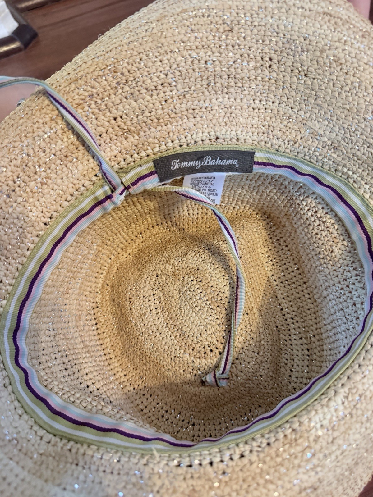 Tommy Bahama Women’s Beige Woven Straw Sun Hat Wide Brim Silver Bow, One Size