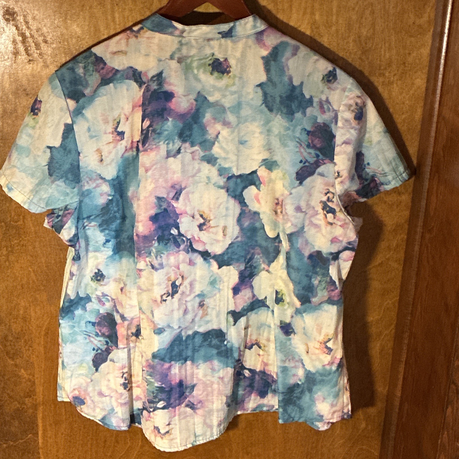 Lemon Grass Water Lily Print Blouse Sz L Mandarin Collar Coastal Grandma Summer