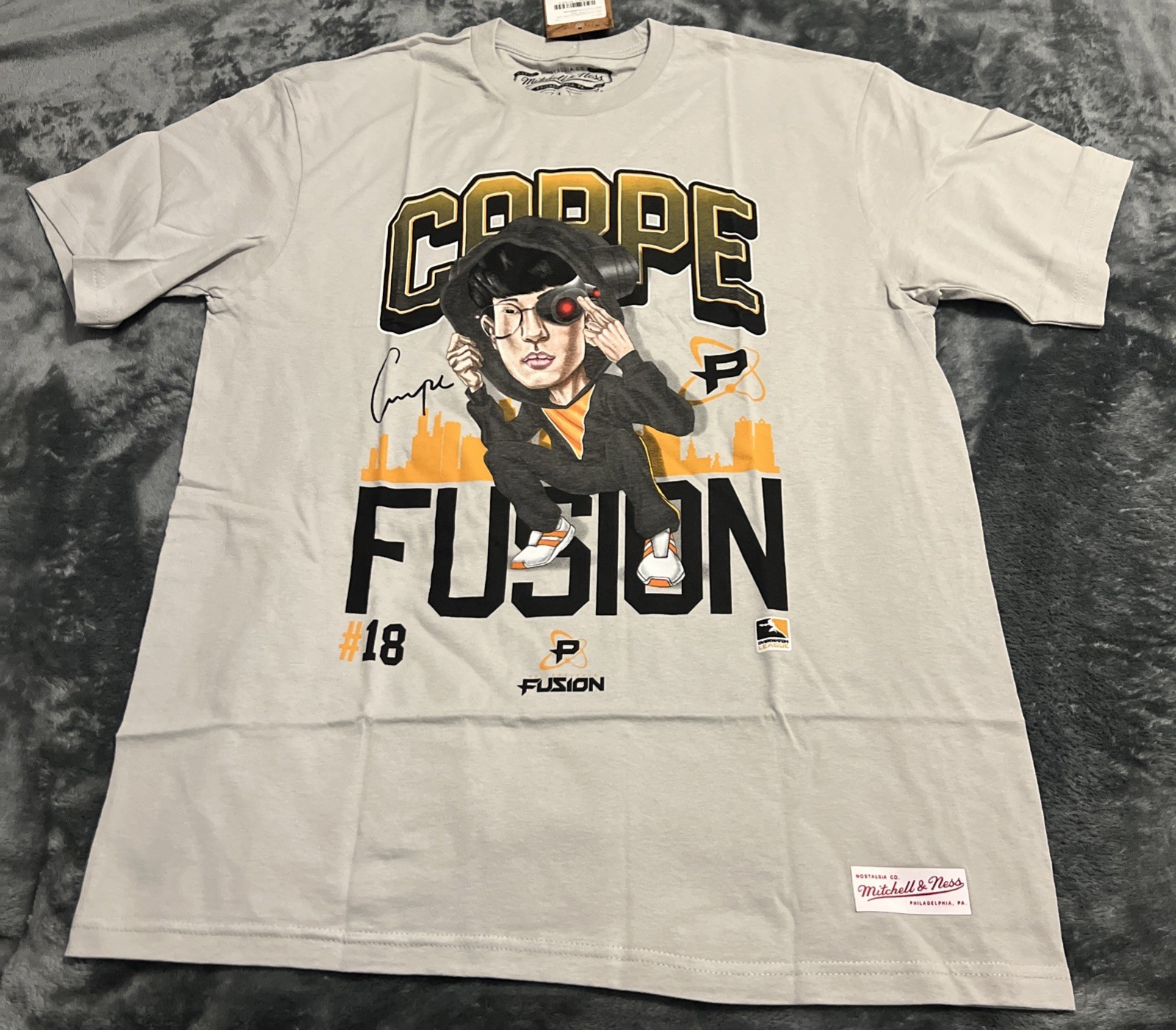 LARGE Men Mitchell & Ness Overwatch Owl Carpe Fusion Lee Jae-hyeok T-Shirt Grey