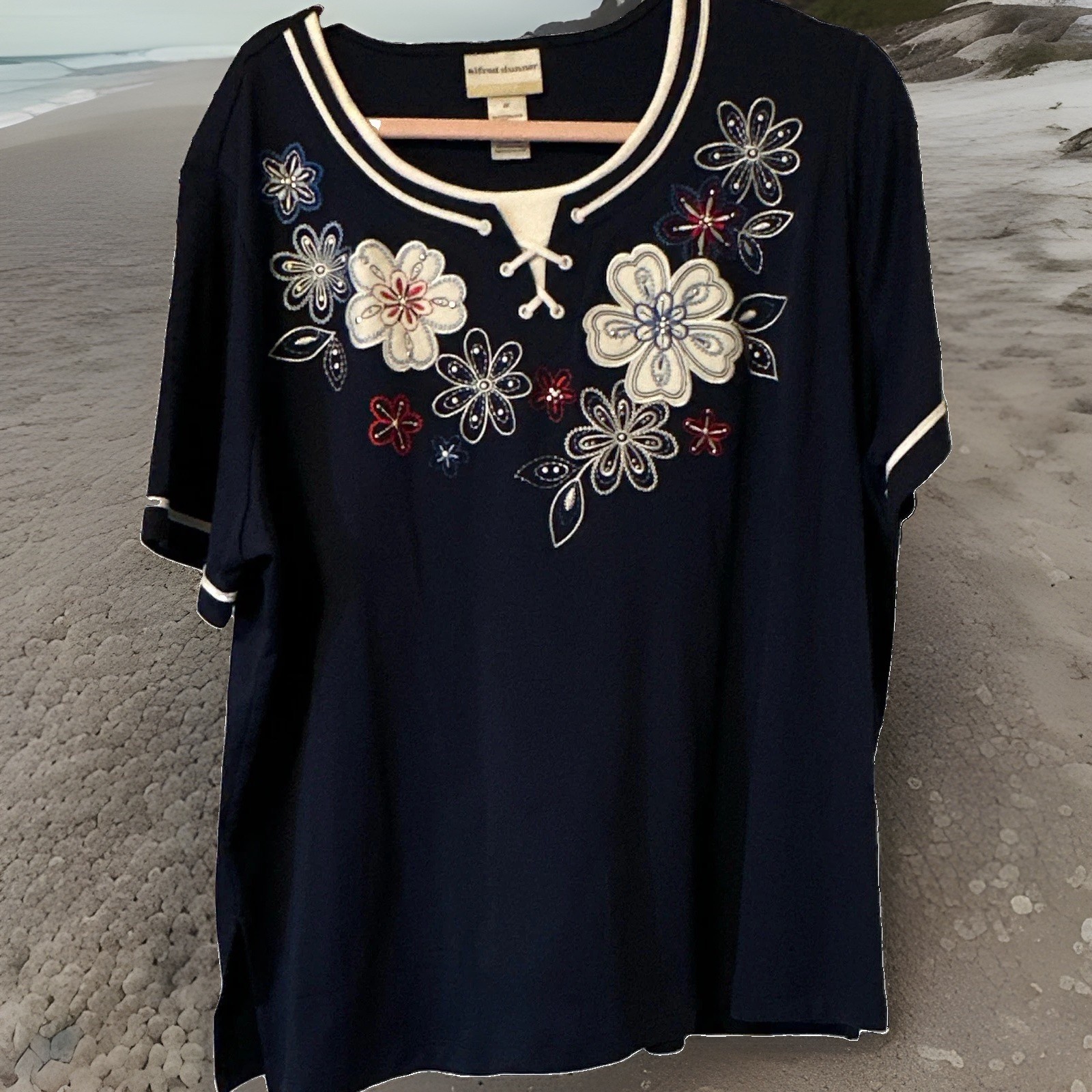 Alfred Dunner 3X Navy/White/Red Floral Embroidered Knit V-Neck Sh Sleeve Top NWT