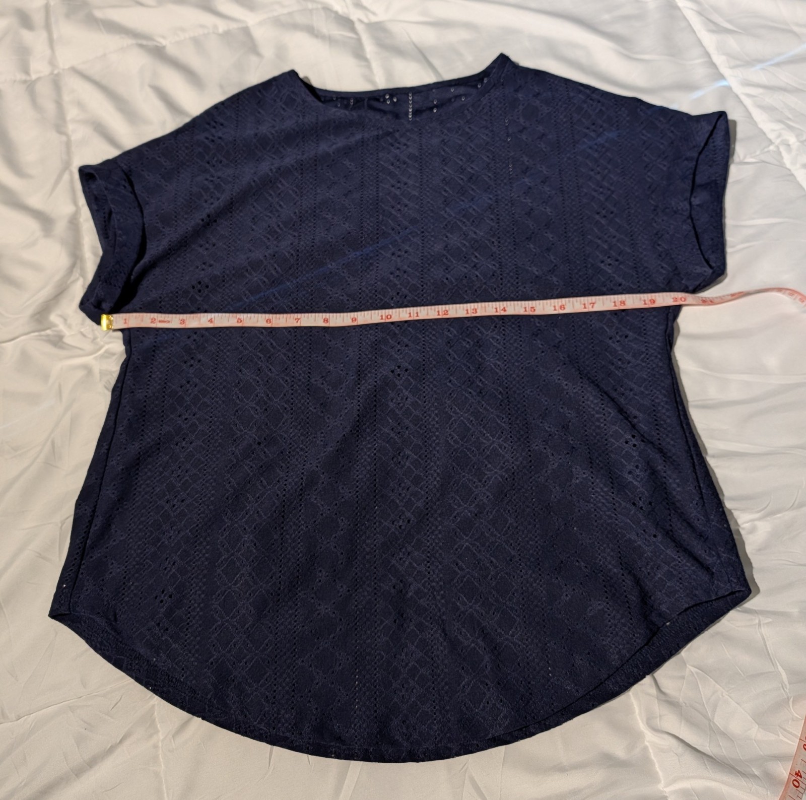 Navy Blue Lace Geometric Crew Neck Blouse Short Cap Sleeve Pullover Women