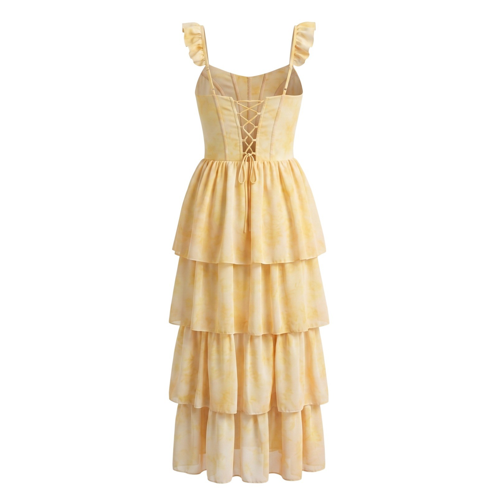 Ao Yan Butter Yellow Tiered Ruffled Maxi Formal Dress Prom Gown NWT Size S