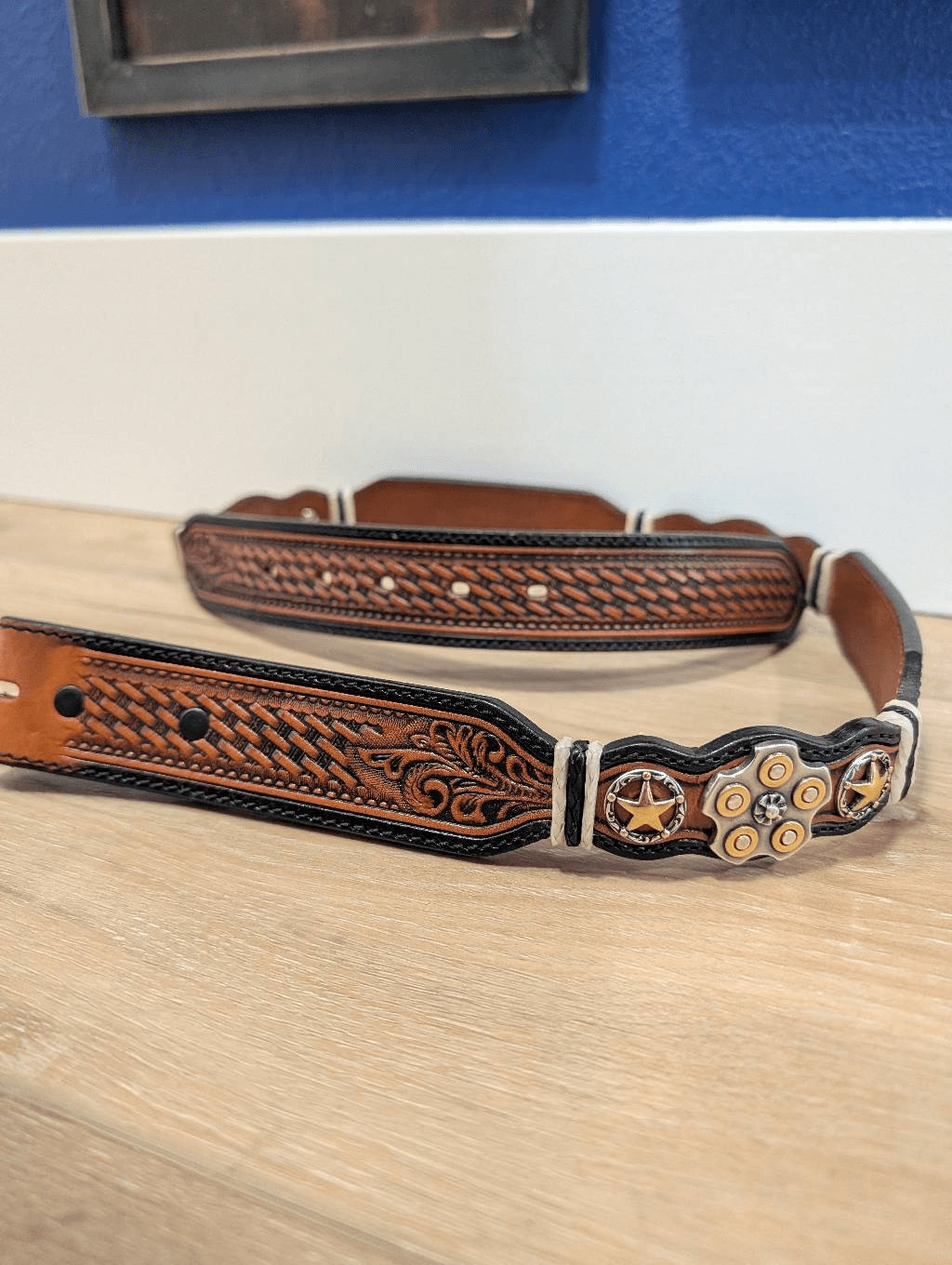 Silver Creek Tooled Leather Belt Western Sheriff Star Revolver Concho Sz 34
