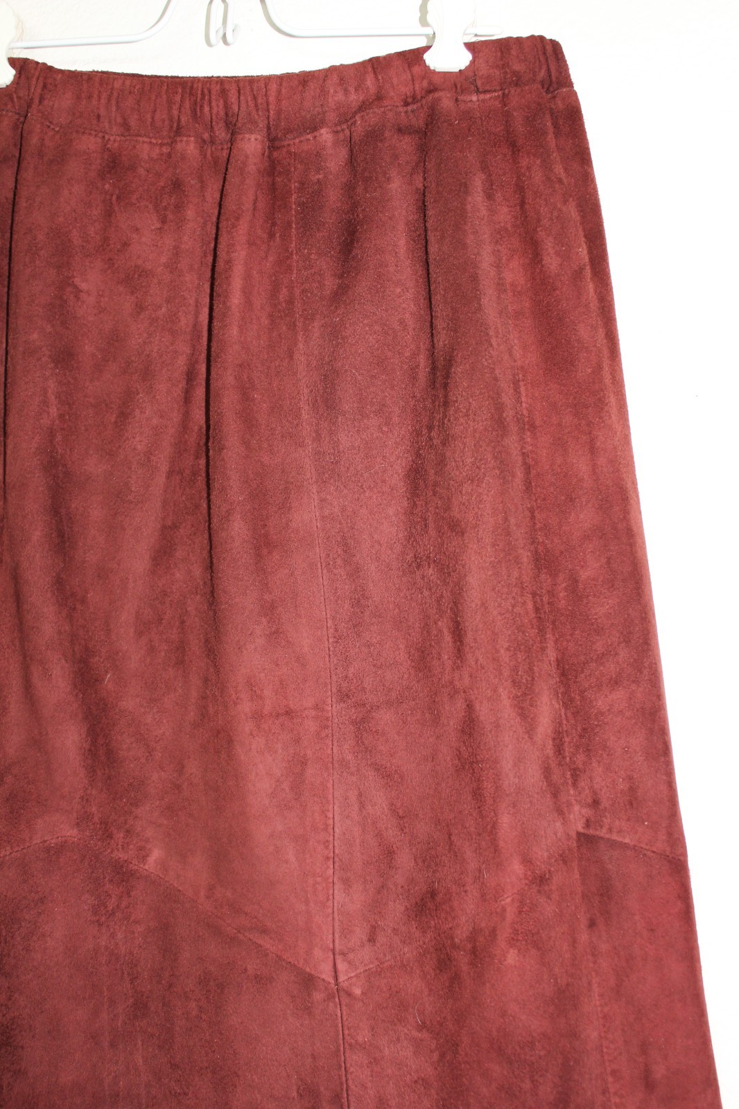 VTG 80s Suede Leather Designs Brown Burgundy Midi Skirt Chevron Panel Elastic L