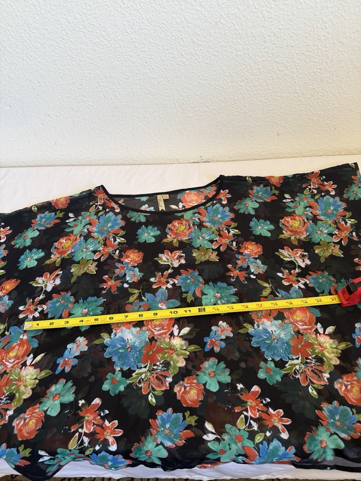 Chenault Womens Floral Chiffon Sheer Batwing Blouse Top Black Multicolor L
