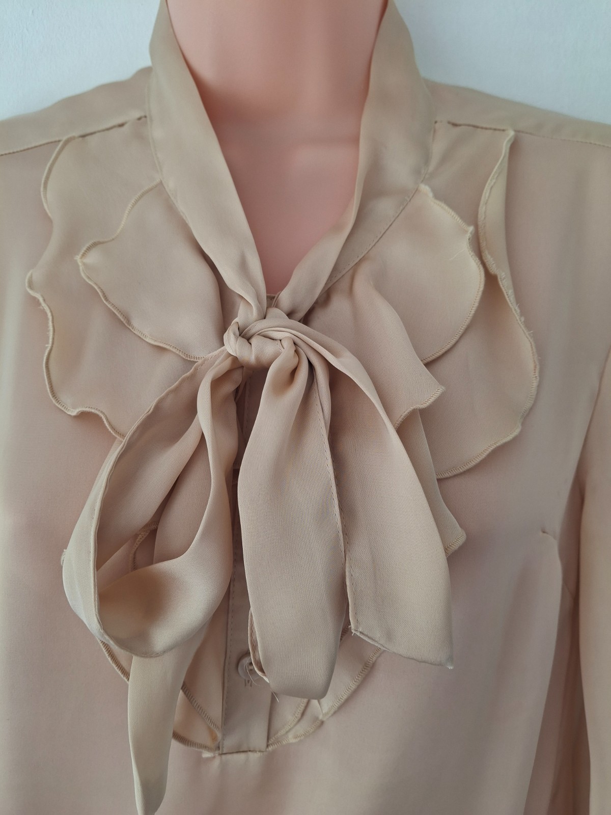 Debenhams Womens Gold Beige Blouse Size Uk 8 Petite Pussybow Bow Casual Workwear