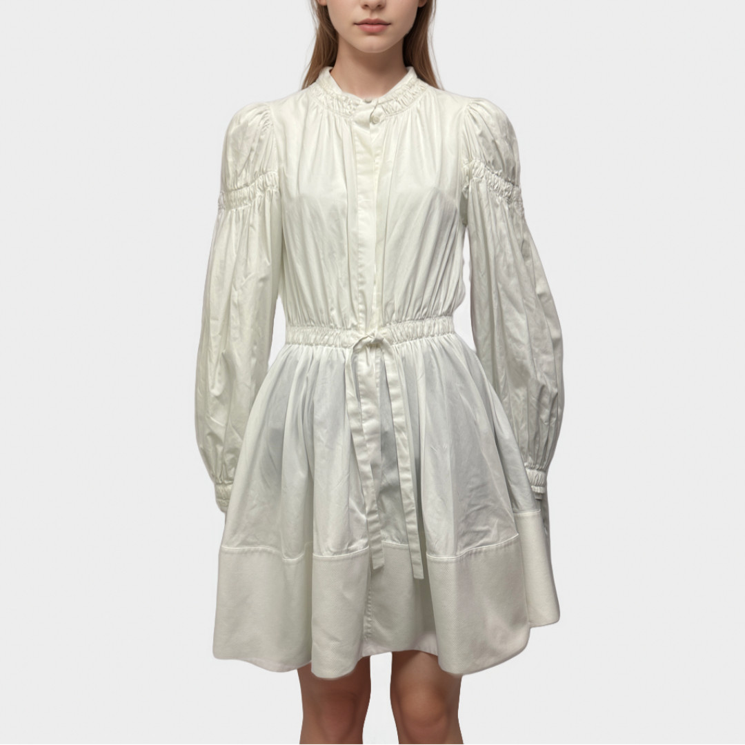 ALEXANDER MCQUEEN White Gathered Cotton Mini Dress, Size UK8