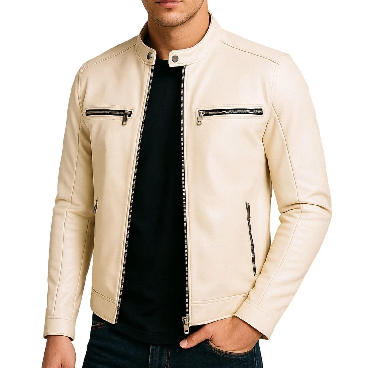 Men’s Fashion Leather Jacket Zip-Up Biker Bomber Coat – Red / Cream / Grey