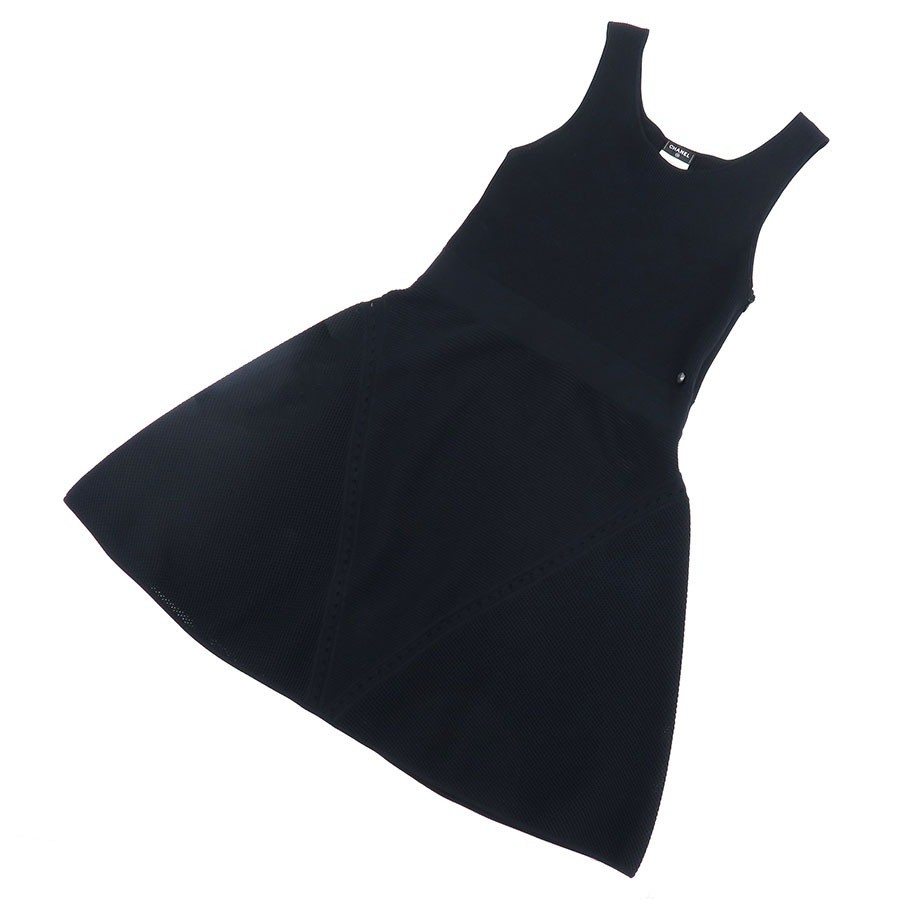 CHANEL Sleeveless Dress Ribbed Cotton Panels P51180K06556 Size 44 Authentic
