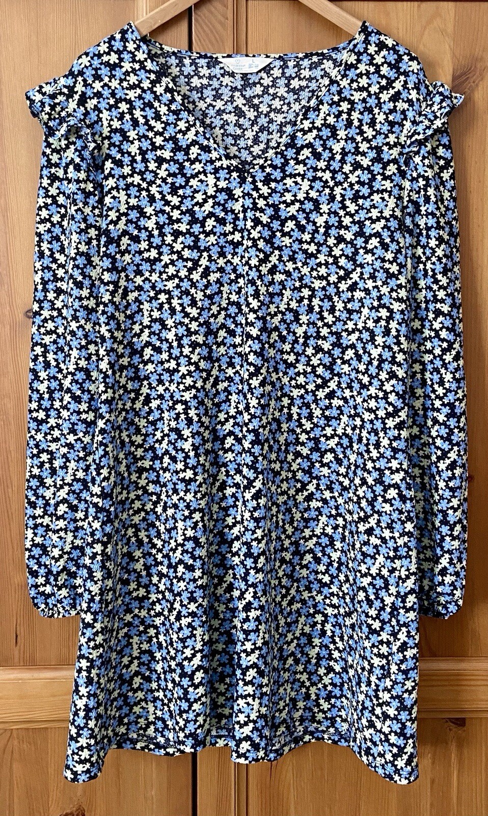 Black Ditsy Floral Dress | Shift Ruffle V-Neck Short Length | Primark Size 14