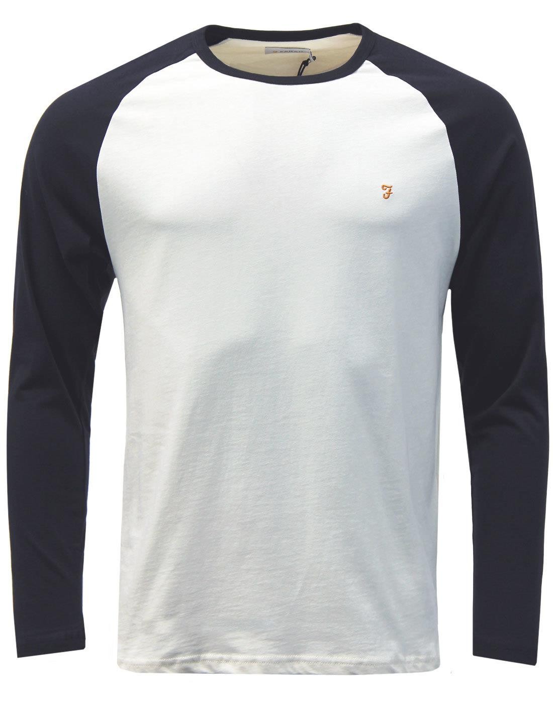 FARAH MEN’S ZEMLAK LONG SLEEVE RAGLAN BASEBALL T-SHIRT TEE TOP OFF WHITE RETRO