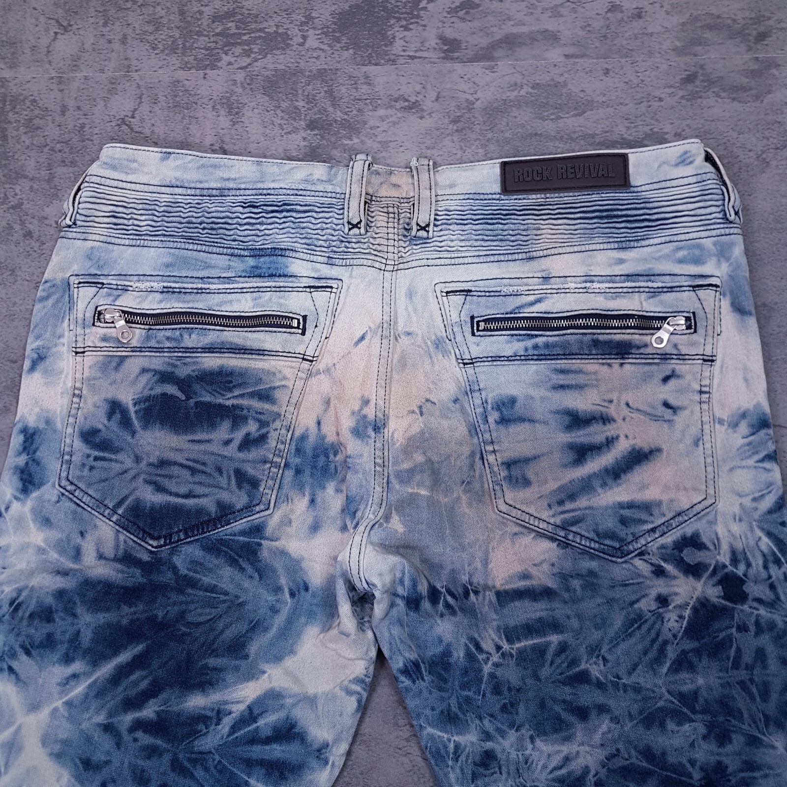 ROCK REVIVAL Daviday Moto Acid Wash Straight Distressed Jeans Mens Size 40×32
