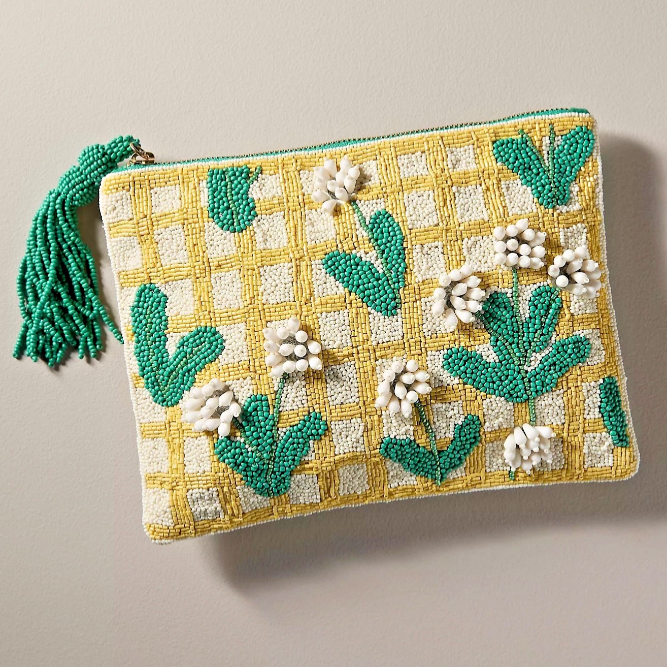 NWT Anthropologie Fiona LRG BEADED FLOWERS Pouch BAG CLUTCH PURSE Yellow FLORAL