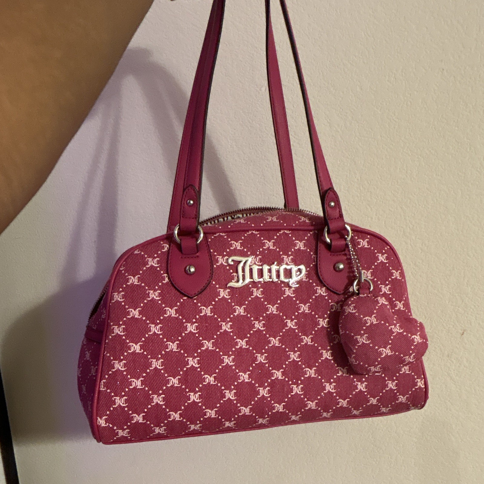 Juicy Couture Pink Logo Shoulder Bag Zip Top Lined w/Charm Silver Hardware