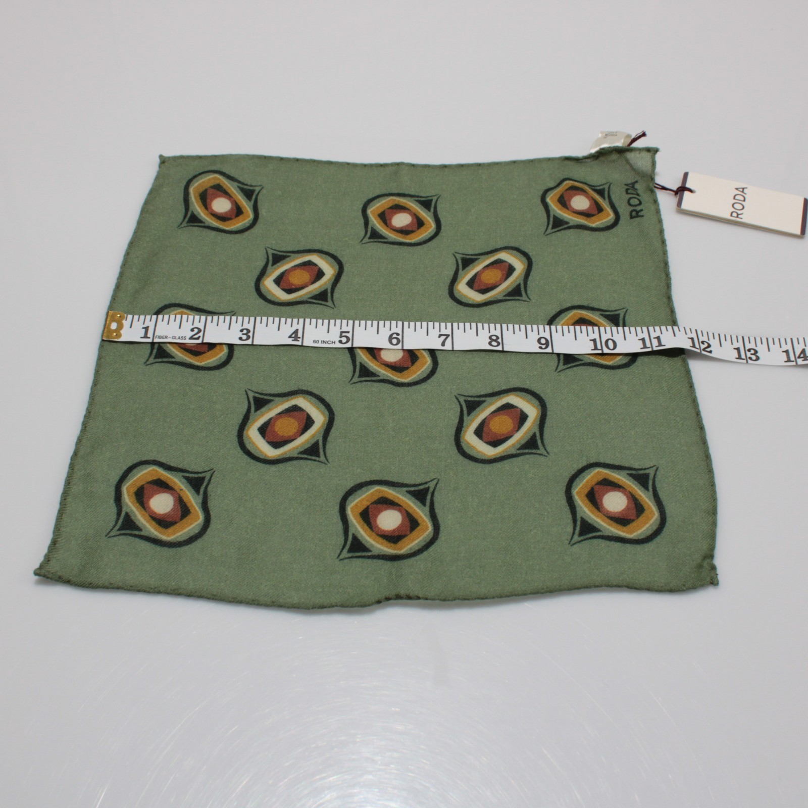 Roda NWT 100% Wool Pocket Square In Green w/ Black, Brown & Yellow Geometric