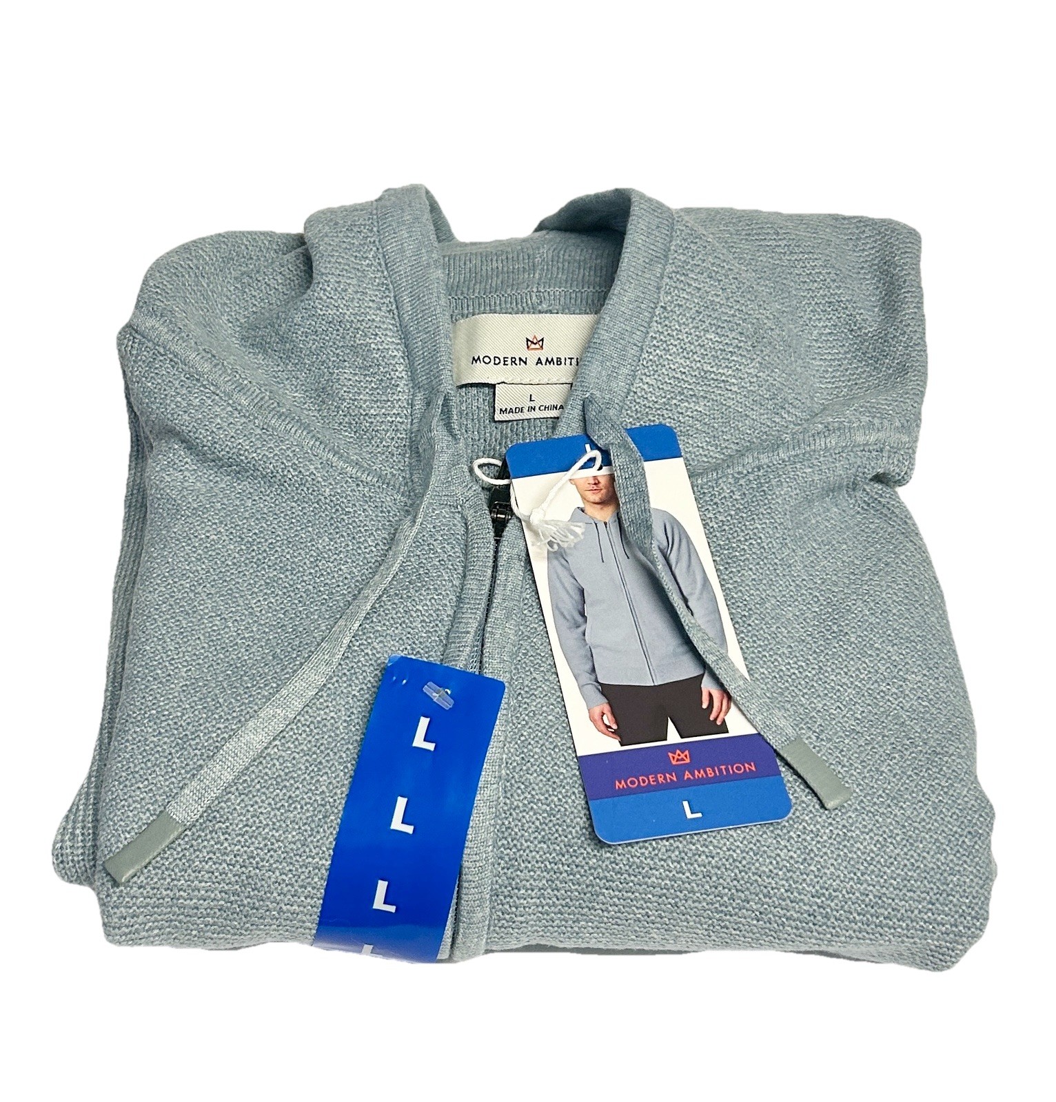 Modern Ambition Men’s Full Zip Hooded Sweater, 4‑Way Stretch, Large, Color Blue