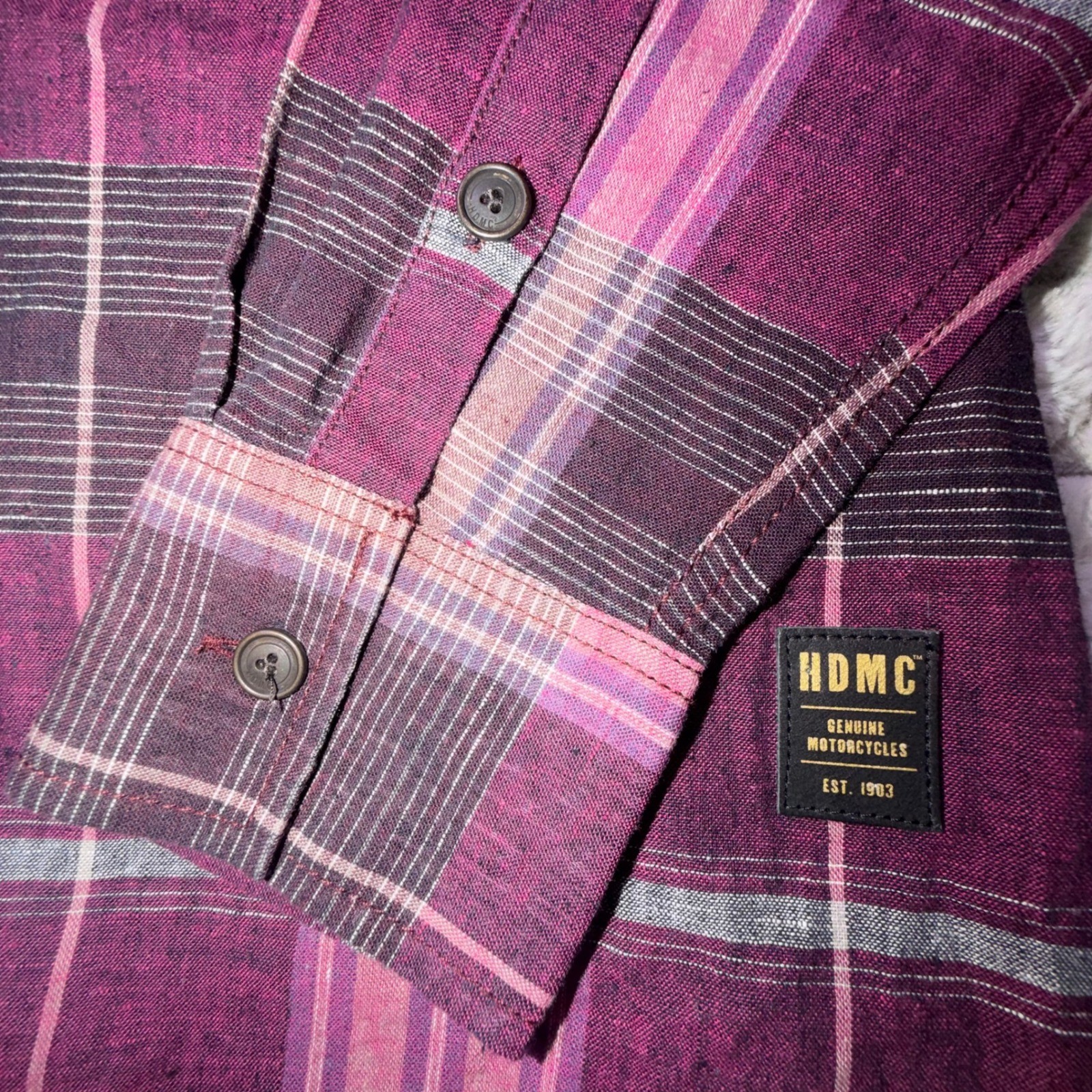 Harley-Davidson Womens Small Purple Plaid Linen Blend Roll Tab Button Down Shirt