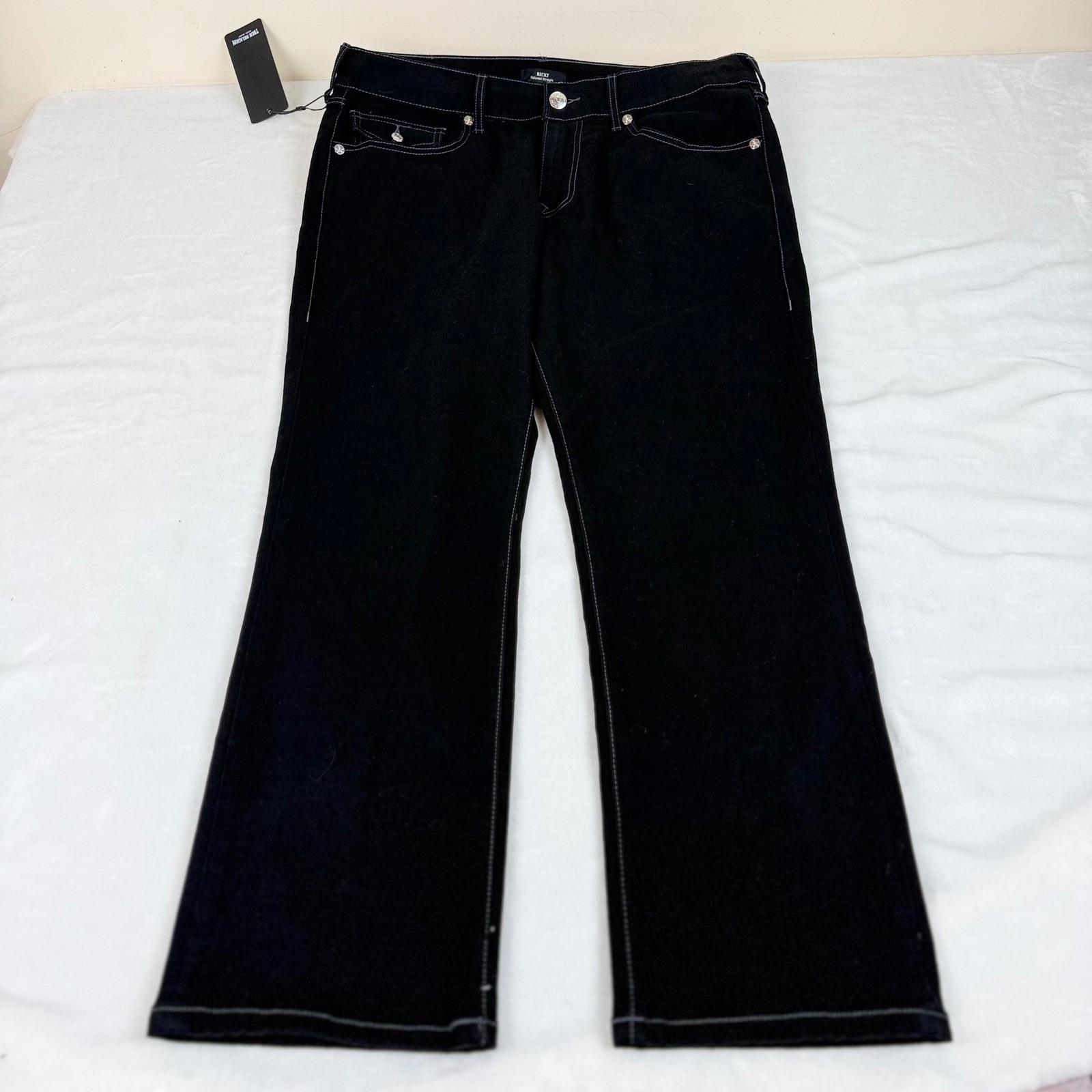 True Religion Ricky Flap SN Black Jeans Mens 34×30 (Fit 36×29) Straight Leg NEW