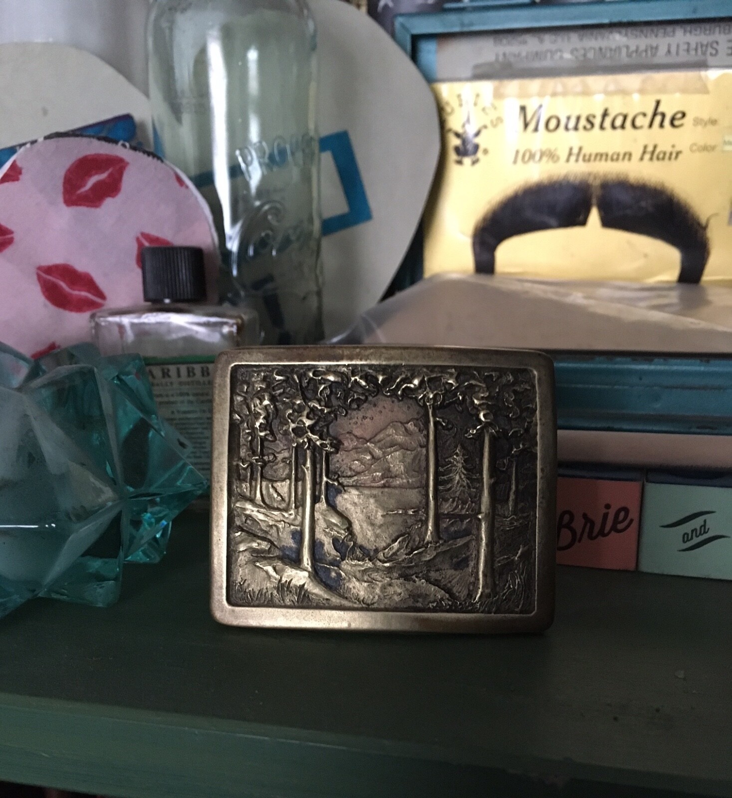 vintage miniature Brass framed STAND UP Nature scene tchotchke or Belt Buckle