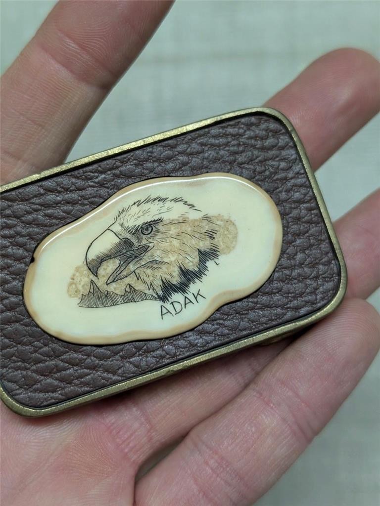 vintage EAGLE hand-etched ANTLER elk deer WESTERN belt buckle ALASKA adak inuit