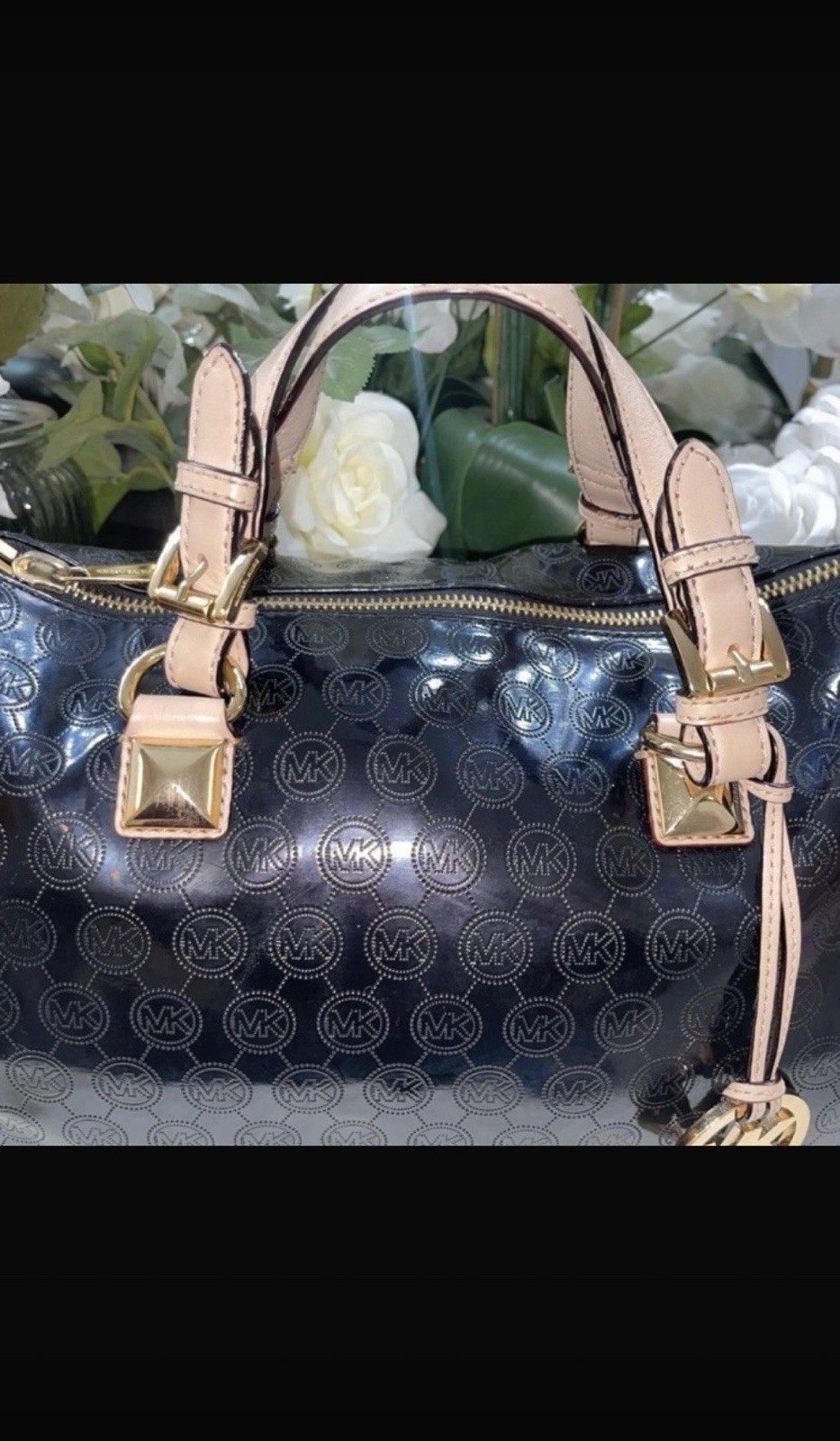 Michael Kors Black Beige Logo Satchel Zip Gold Hardware Charm Bottom Studs