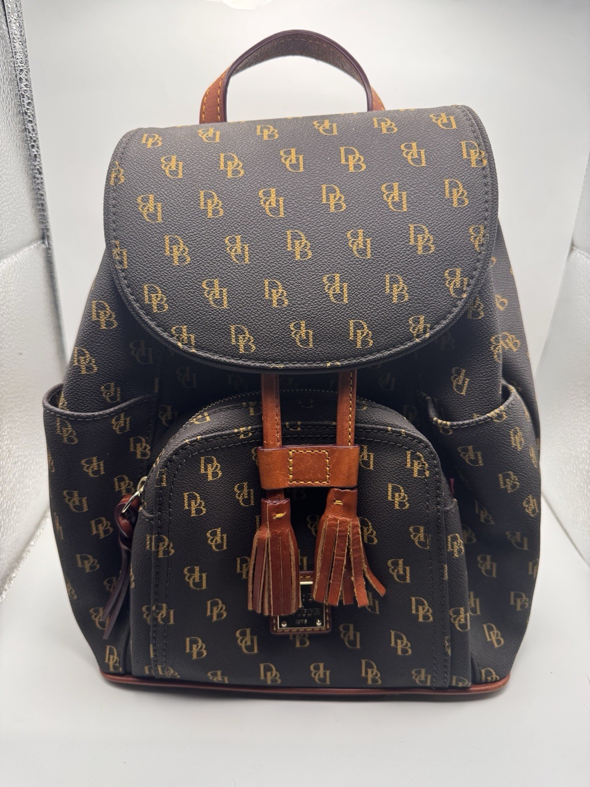 Dooney & Bourke Greta Signature Murphy Backpack Tassel Draw String Monogrammed