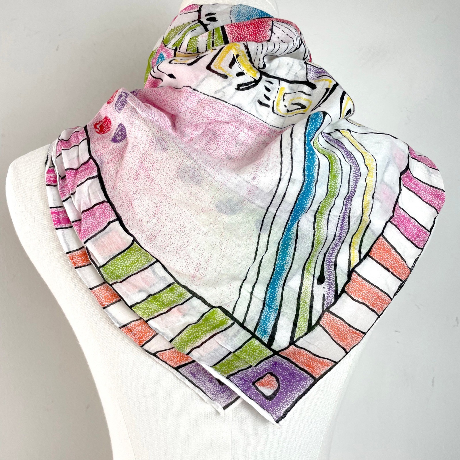 Vintage 80s Abstract Art Print Square Scarf Geometric Maximalist Dopamine Artsy