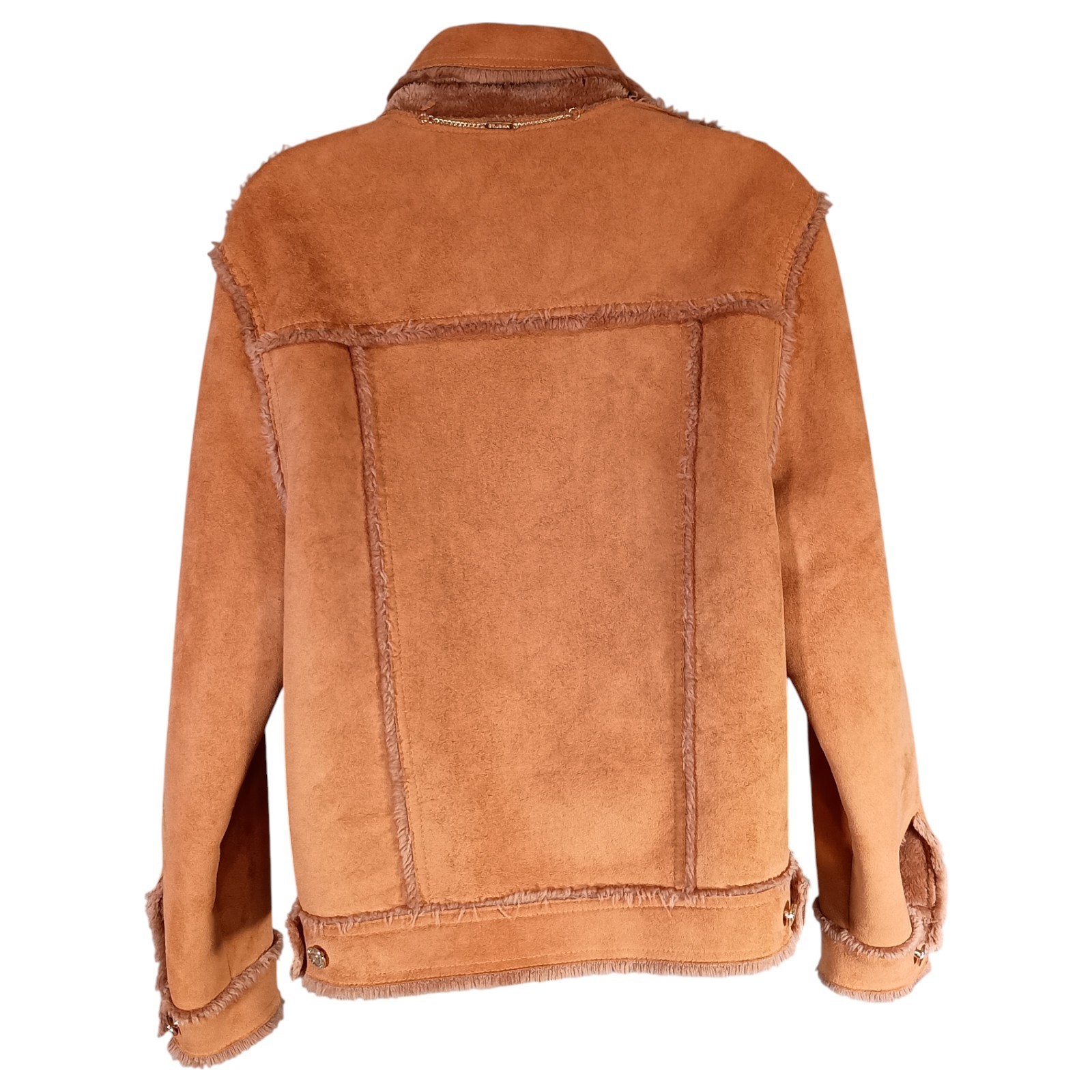St. John Marie Gray Coat S Womens Brown Overcoat Faux Suede Pockets Shearling