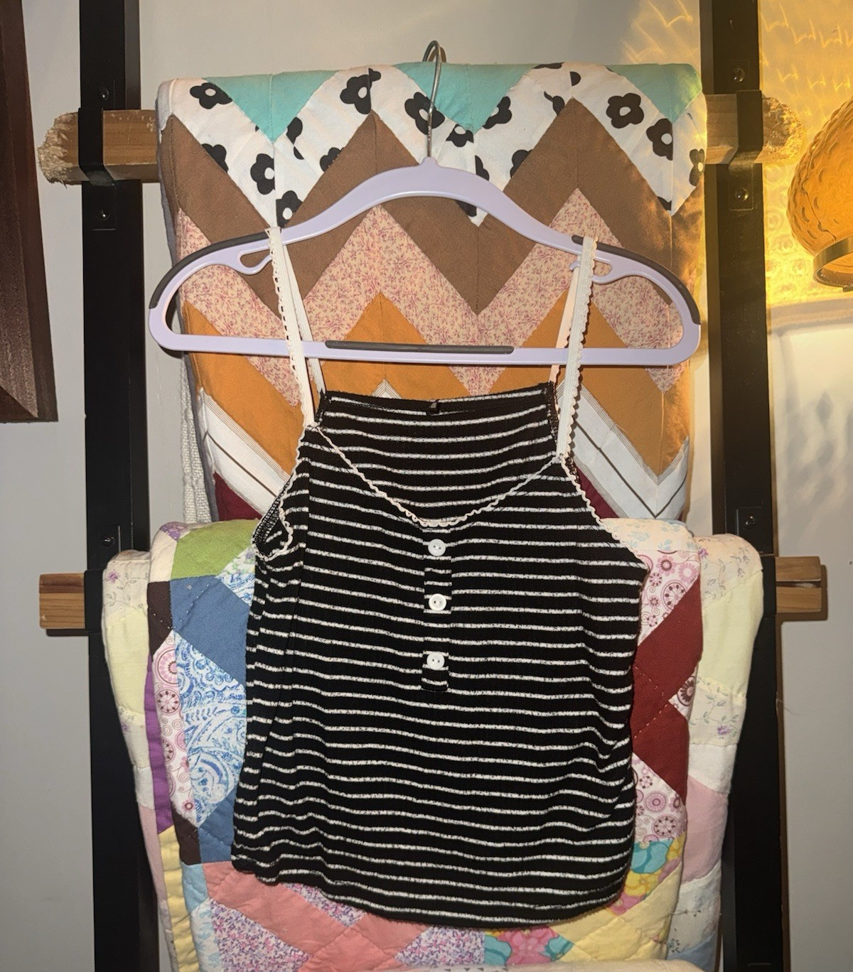 No Boundaries Black/White Striped Lace Trim Button Front Square Neck Cami M
