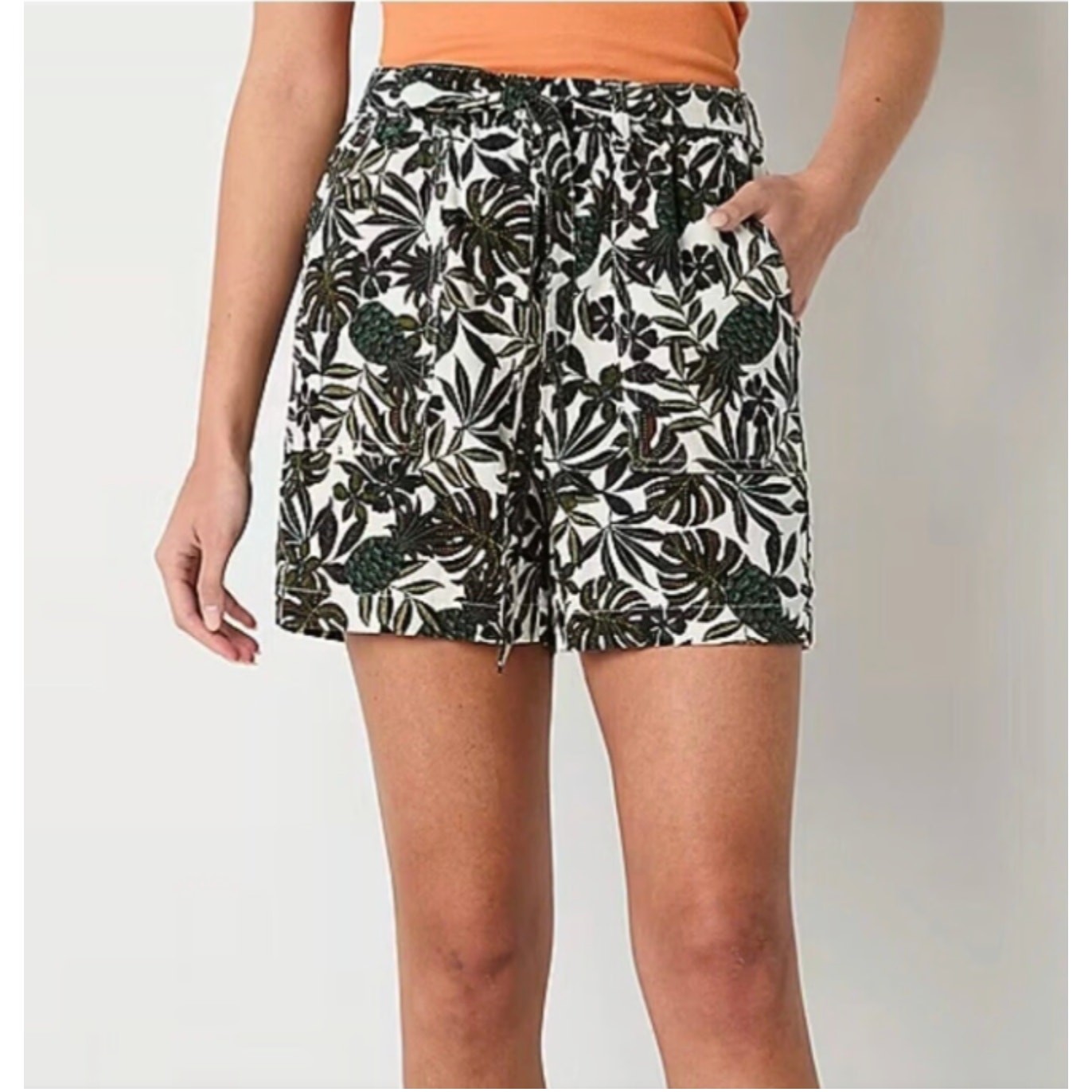 XL Ana linen belted 4 pockets green tropical pineapple leaf shorts