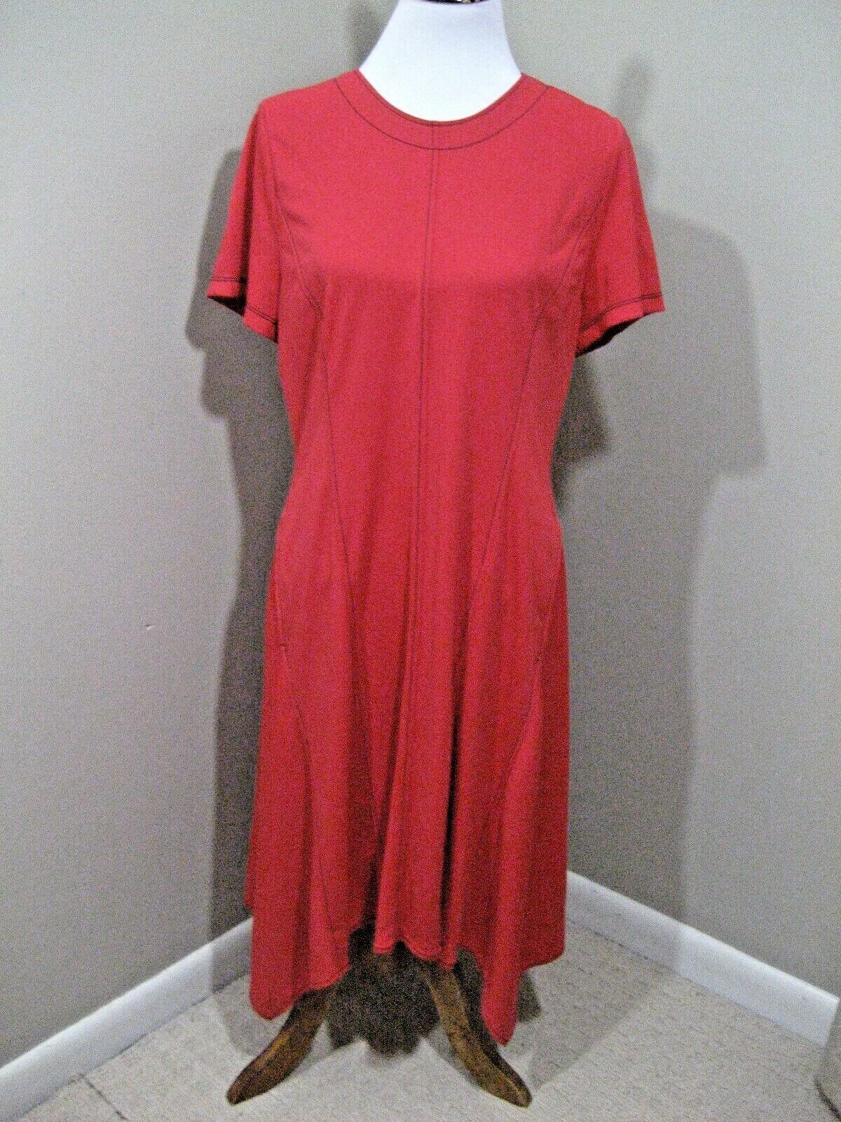 NWT! DONNA KARAN Red Navy Stitch Pocket Asymmetric Hem Marine Batik Dress Sz L