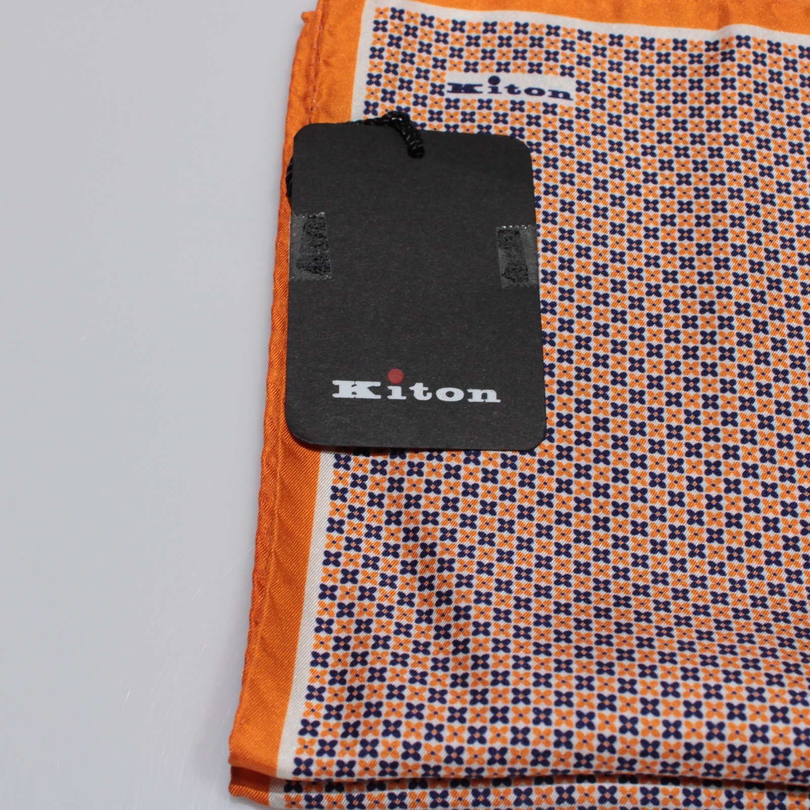 Kiton NWT 100% Silk Pocket Square In Orange & Blue Geometric Print Made in Italy