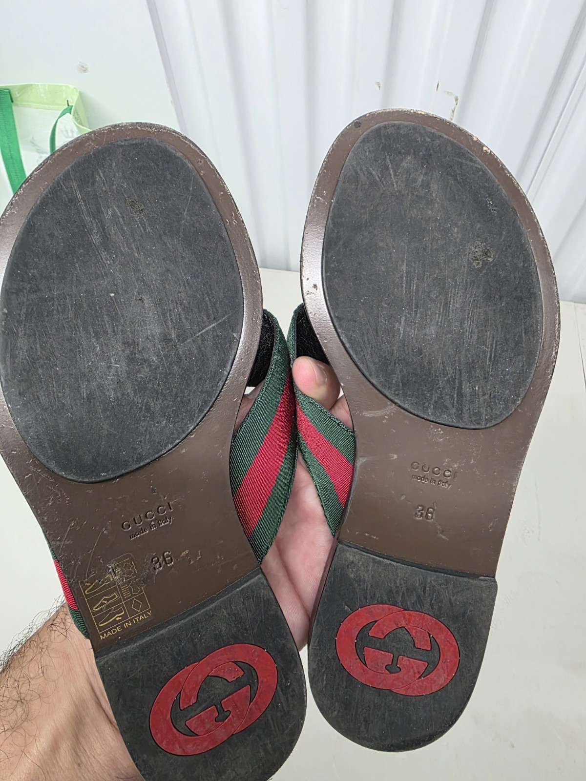 Gucci Web GG Monogram Thong Sandals, Women’s Size36, Brown Green Red, ITALY