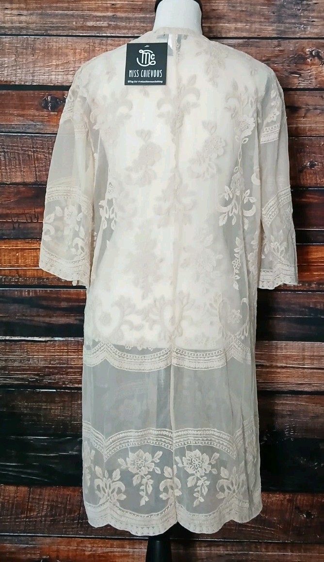 Miss Chievous S M Sheer Embroidered Lace Mesh Kimono Cardigan Top Doeskin NWT