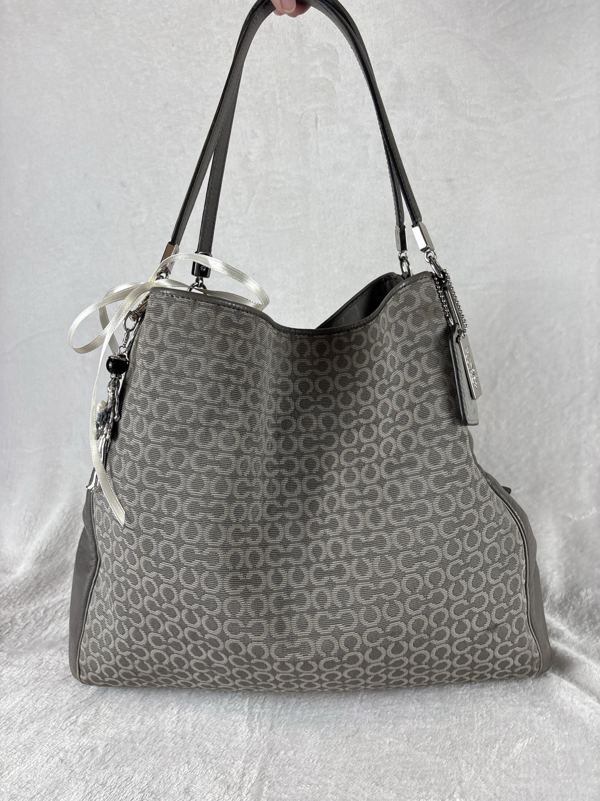 Coach Madison Op Art Needlepoint In Silver/Grey With Charm
