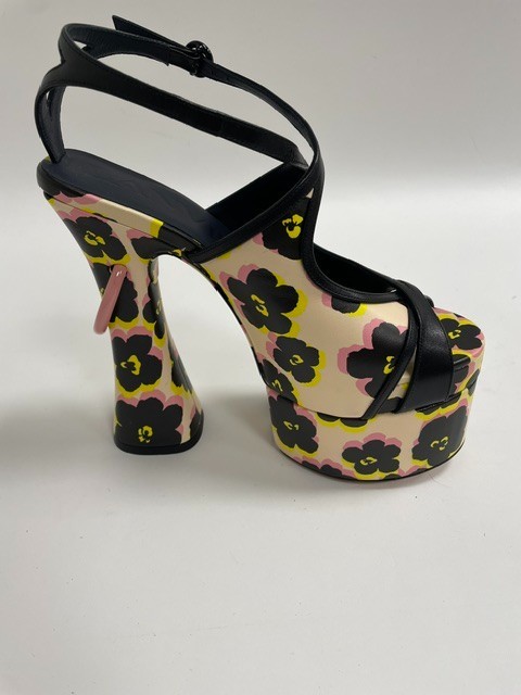 Lanvin Paris Black Floral Platform Sandal Heels Ankle Strap EU37 US 7 MSRP $2145