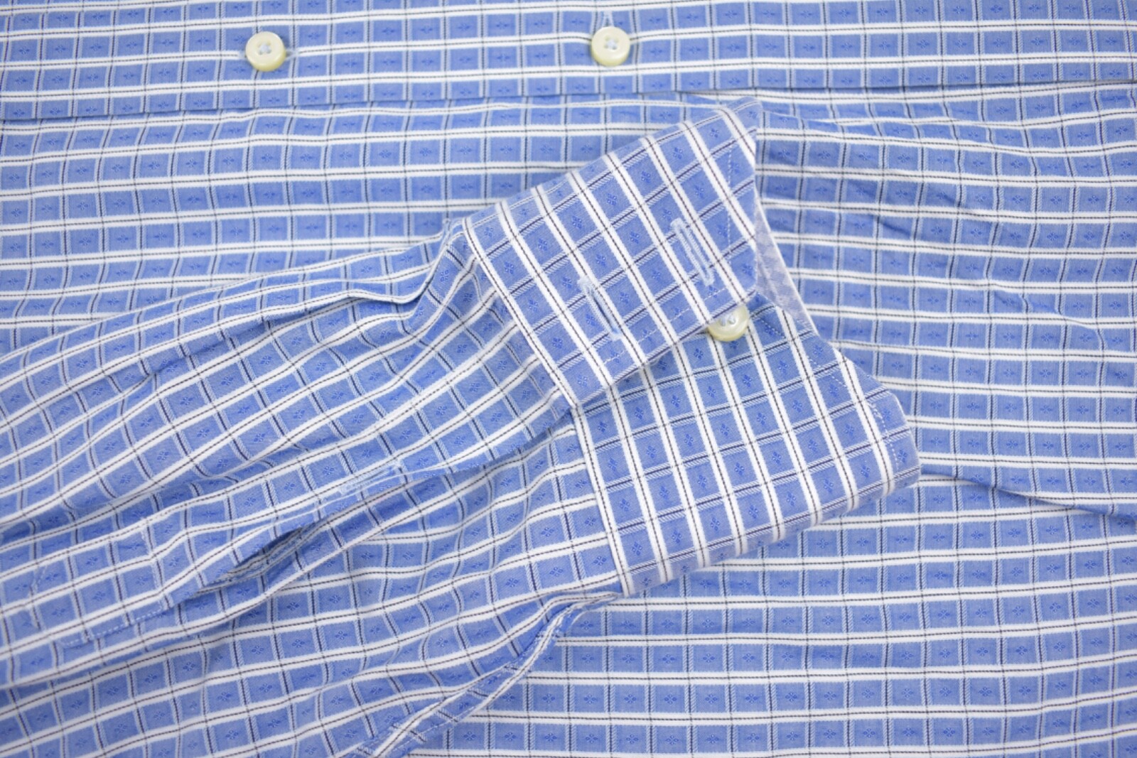 Thomas Dean Blue/White Geometric Check Spread Collar Dress Shirt Size: Large