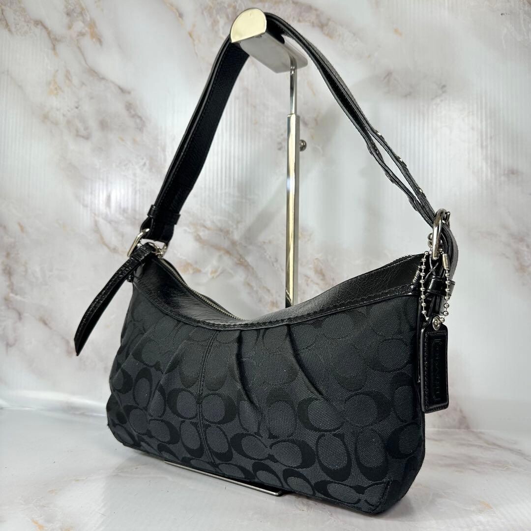 COACH Soho Signature Black Patent Leather Hobo Shoulder Bag Silver Zip 17in